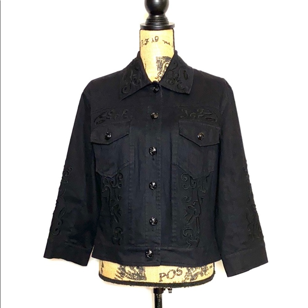 Black Embroidered Button-Up Jacket L